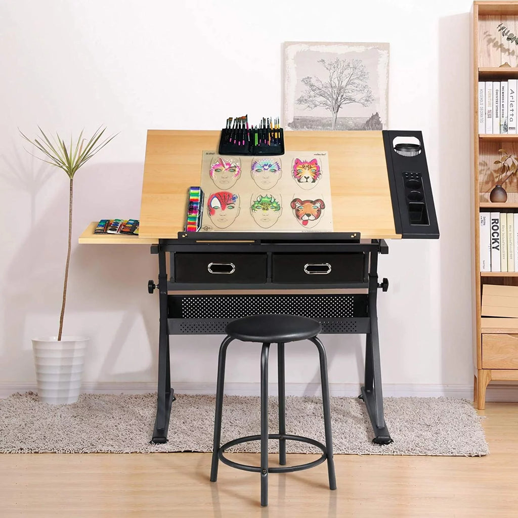 Height Adjustable Drafting Table with 2 Storage Drawers and Stool H7881