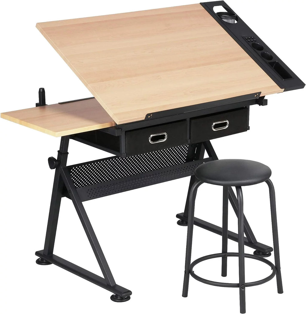 Height Adjustable Drafting Table with 2 Storage Drawers and Stool H7881