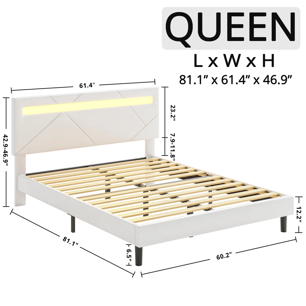 Twin Bed Frame with LED Lights and Adjustable Upholstered Headboard X6078