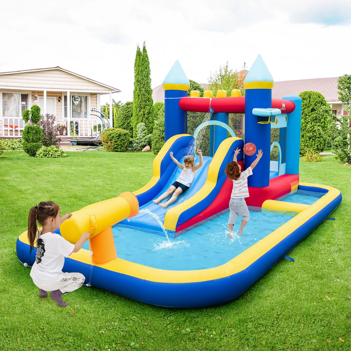 6-in-1 Inflatable Water Castle Bouncer with 50 Ocean Balls & 735W Blower R922816