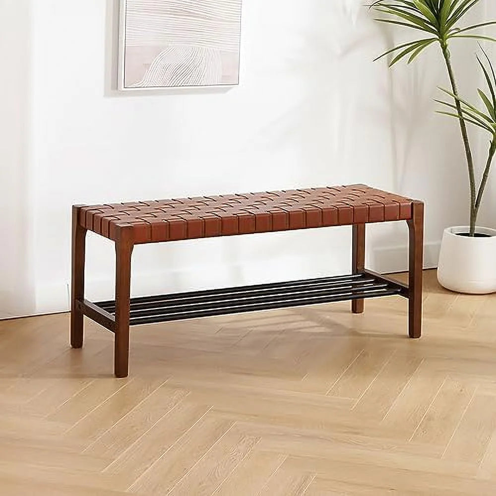 Brown 45 Inch Woven Wood Accent Bench with Metal Shoe Rack Q941245