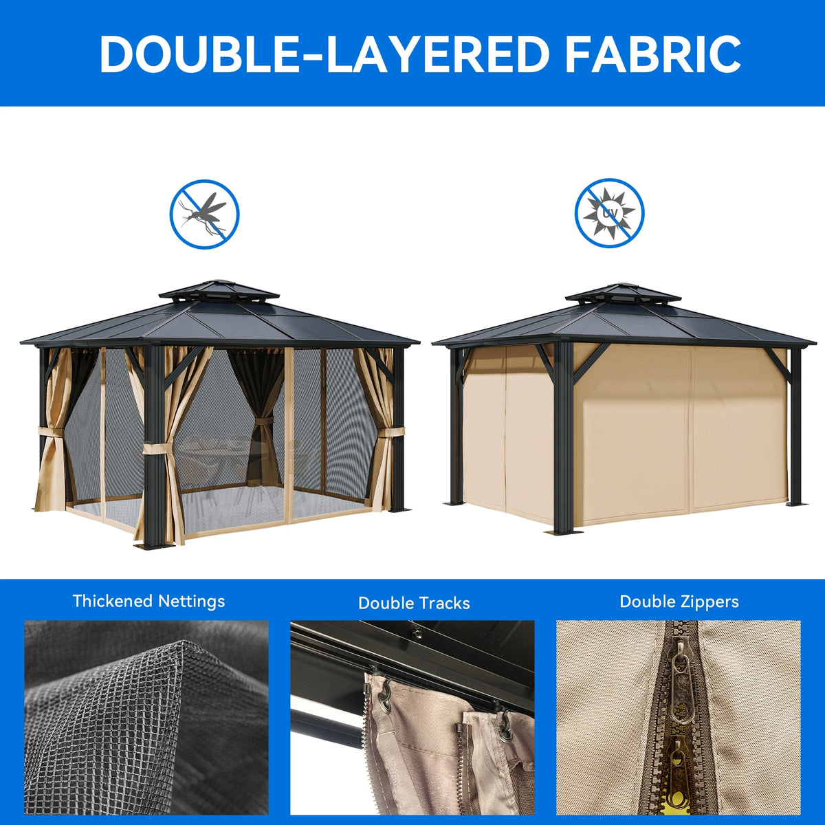 12x14FT Hard-Top Double Roof Gazebo with Netting and Curtains Aluminum Frame F262