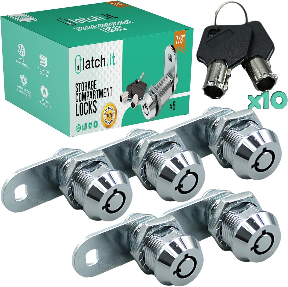 7/8” 5-Pack Metal Cam Locks with 10 Keys D63714