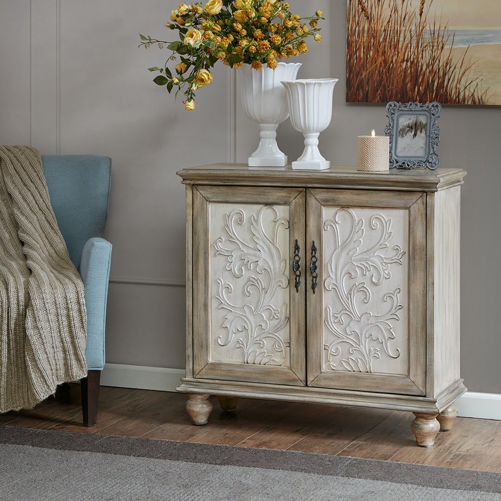 Natural Wood Finish Floral Carved 2-Door Accent Cabinet with Adjustable Shelf H785872