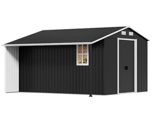 10.6x10.3x6.3 FT Outdoor Storage Shed with Sliding Doors & Two 4-Pane Windows, Dark Grey/White E257