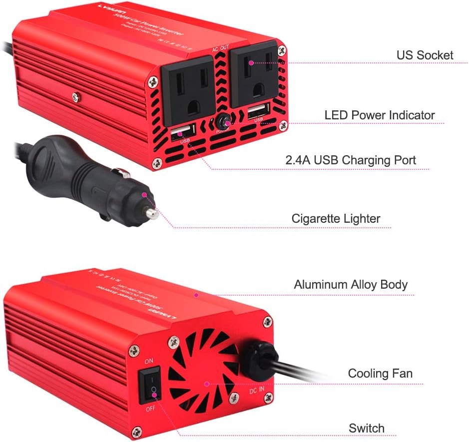 500W Power Inverter DC 12V to 110V AC with Dual USB Pack of 2 E414