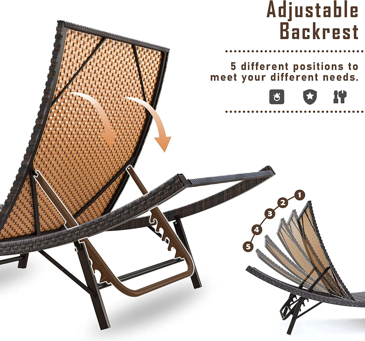 Rattan Adjustable Back 3 Pieces Cushioned Patio Chaise Lounge D219
