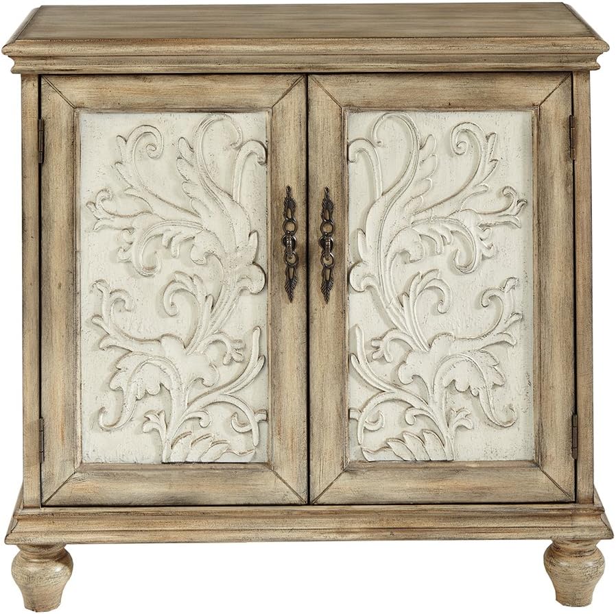 Natural Wood Finish Floral Carved 2-Door Accent Cabinet with Adjustable Shelf H785872
