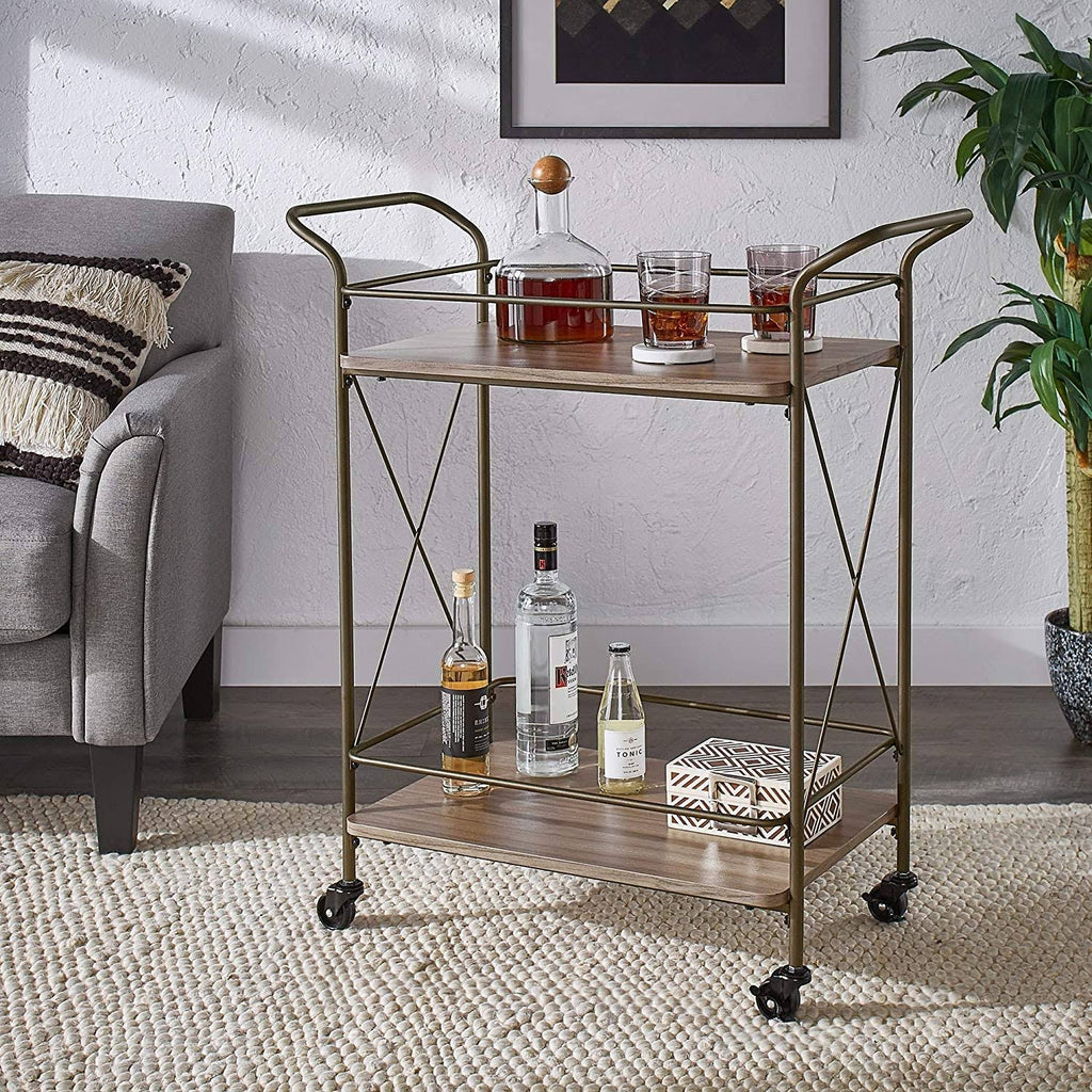 Bronze Finish Metal Bar Cart Walnut Wood Shelf J54984
