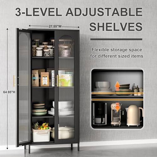 Black 65" Metal Storage Cabinet with Glass Doors and 3 Adjustable Shelves E513265