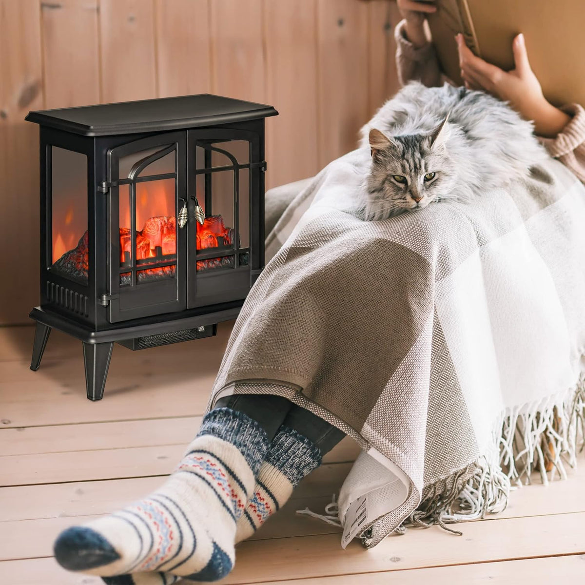 Black Freestanding Electric Fireplace Heater, 1400W W4755