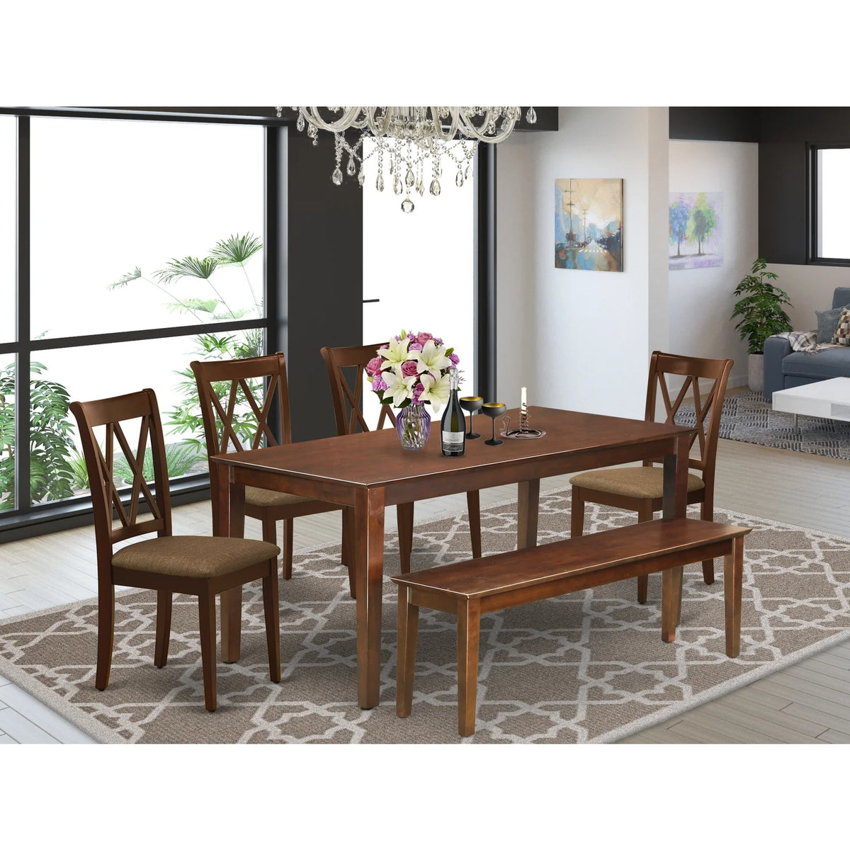 6 Pc Dining Set with Table Chairs and Bench Mahogany Finish Q93254