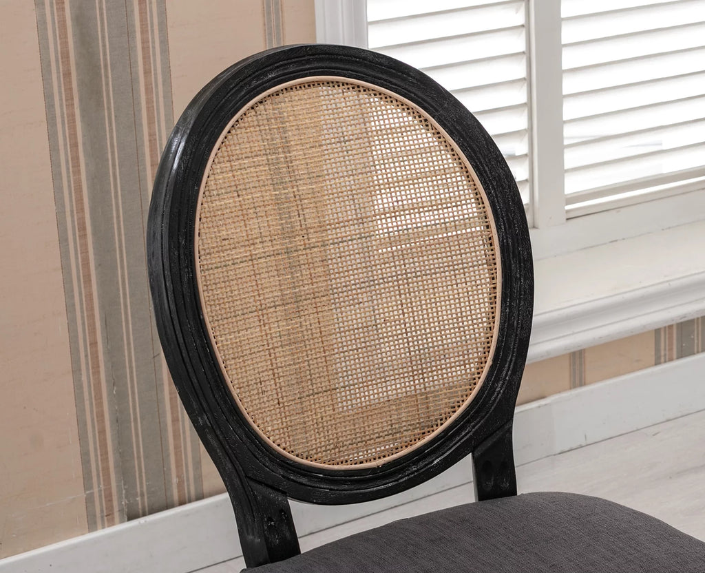 Beige Upholstered Linen Dining Chairs Set of 2 with Rattan Backrest and Wooden Legs Z374