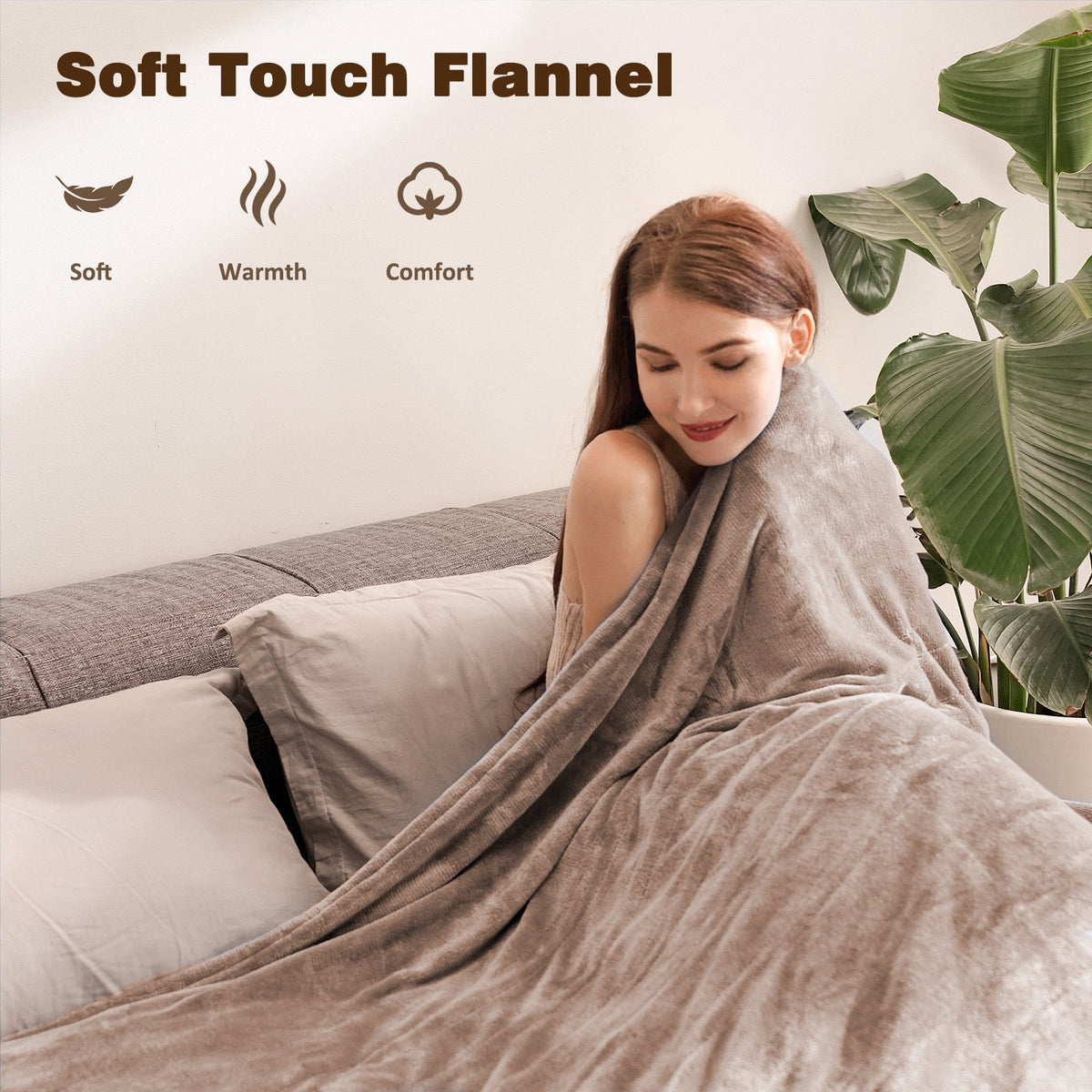 King Size Camel Flannel Heated Blanket G8826