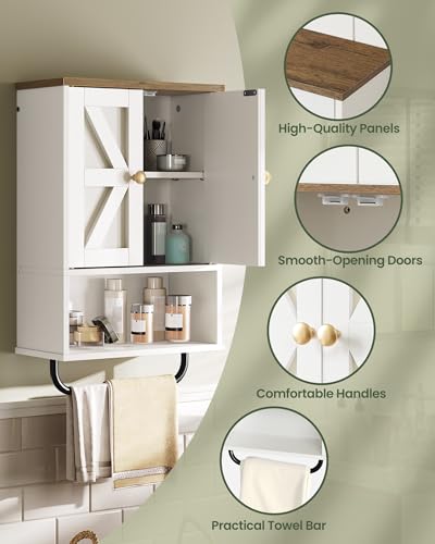 White and Walnut Bathroom Wall Cabinet with Towel Bar Y563