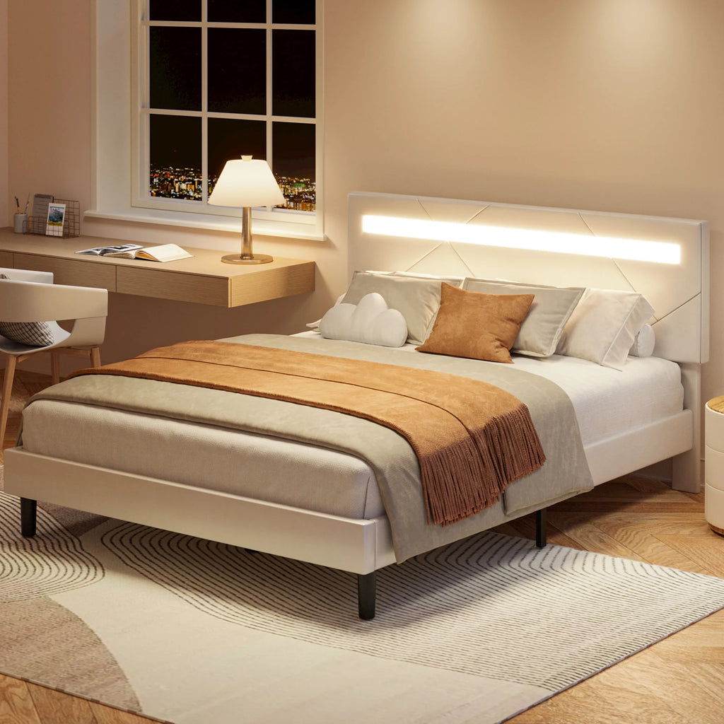 Twin Bed Frame with LED Lights and Adjustable Upholstered Headboard X6078