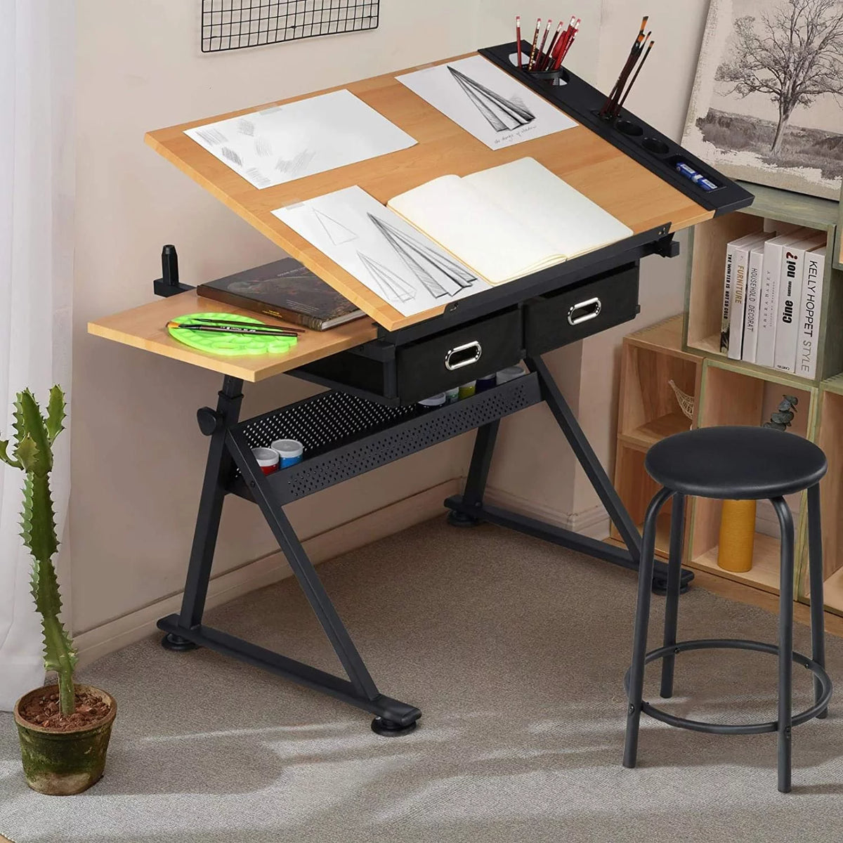 Height Adjustable Drafting Table with 2 Storage Drawers and Stool H7881