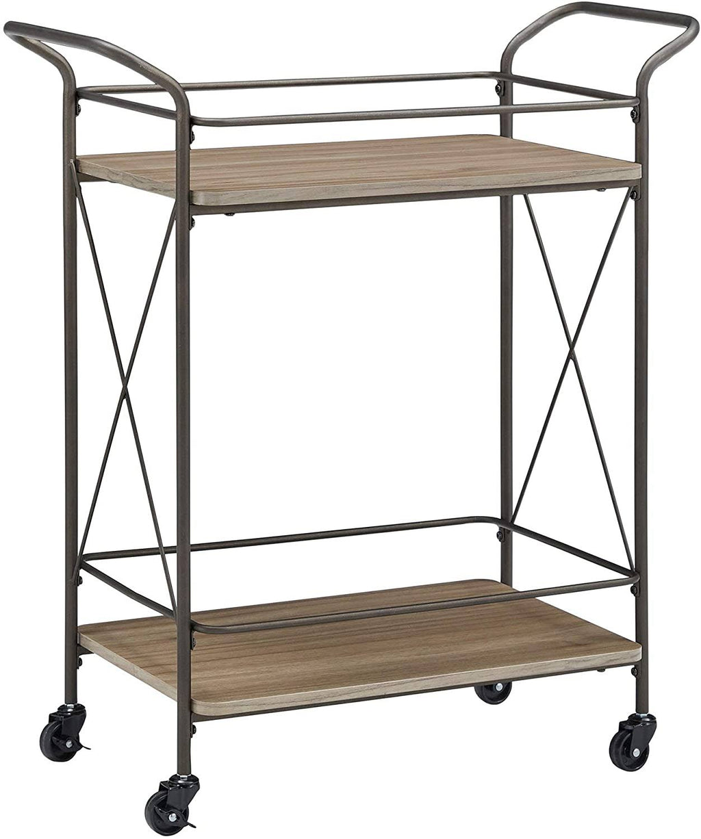 Bronze Finish Metal Bar Cart Walnut Wood Shelf J54984
