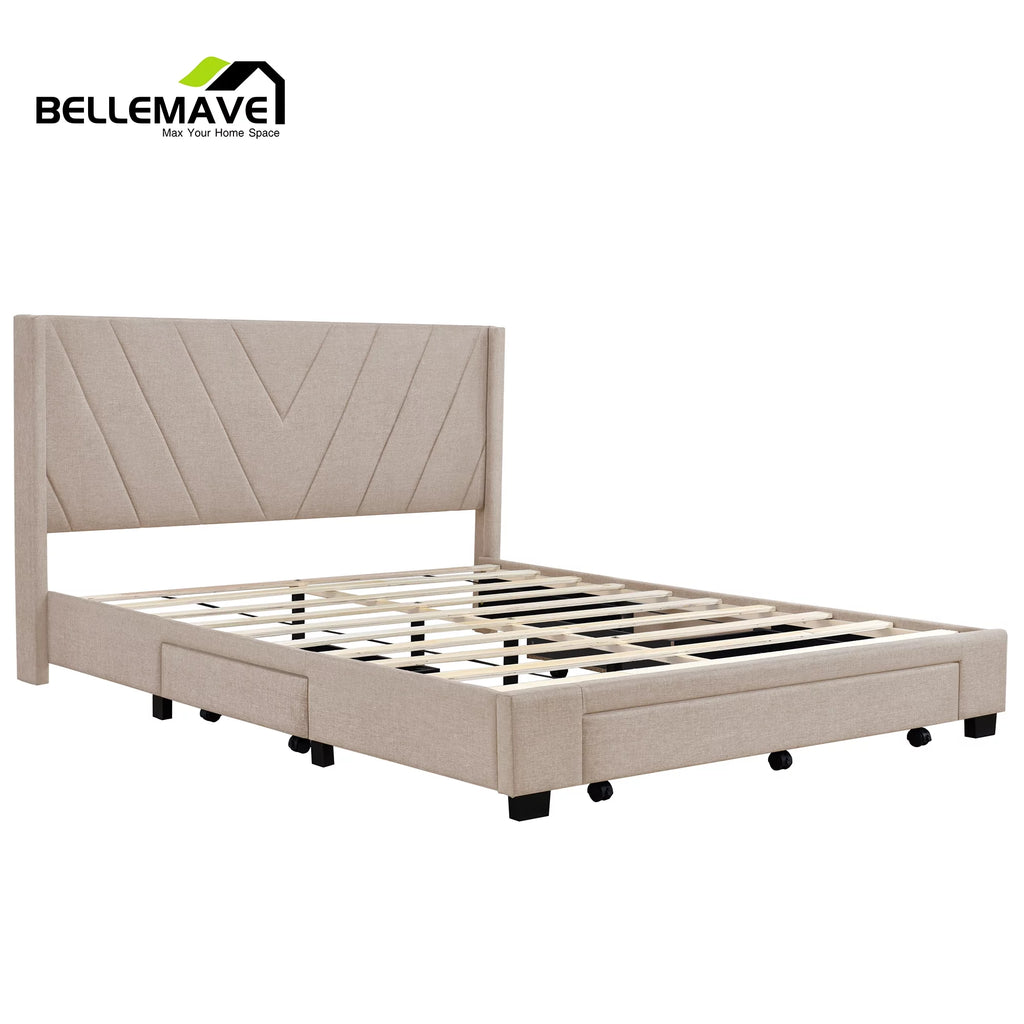 Beige Linen Upholstery Queen Size Platform Bed with 3 Drawers Y1080