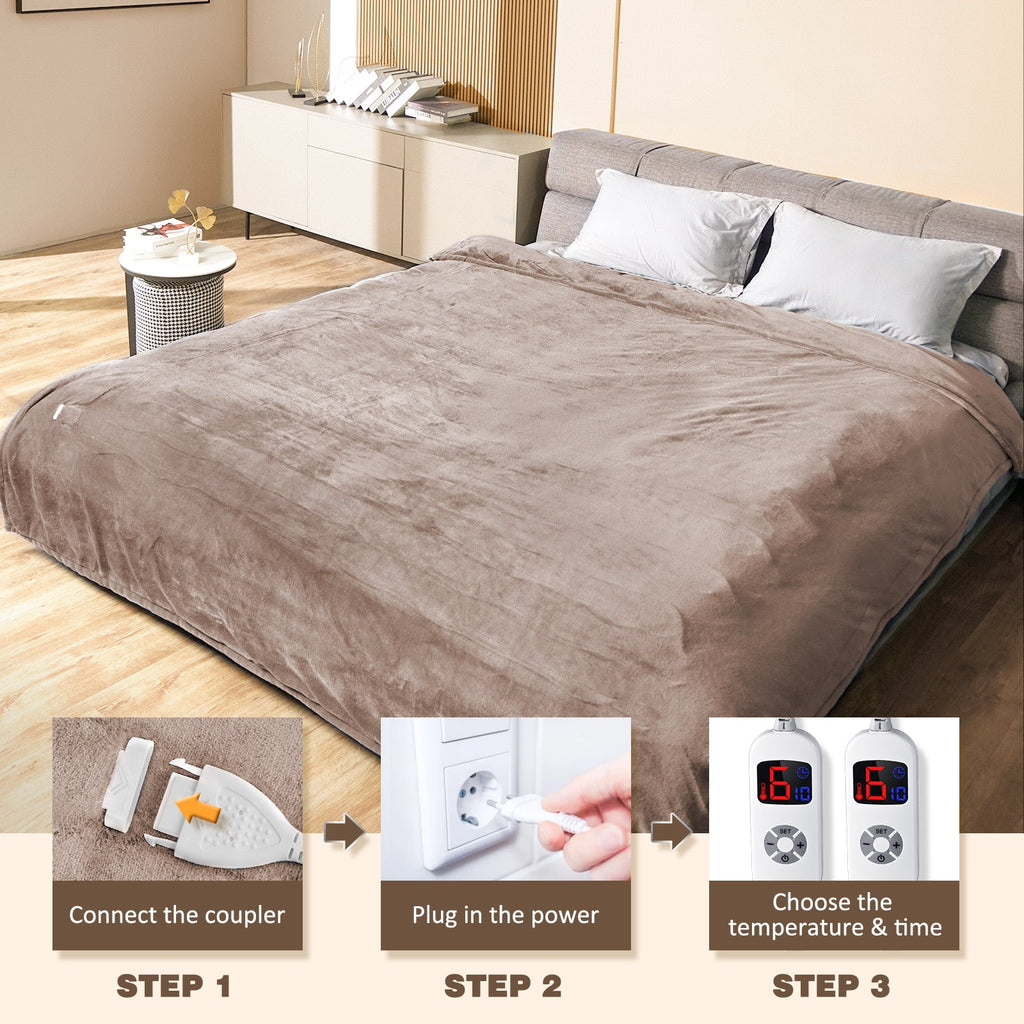 King Size Camel Flannel Heated Blanket G8826