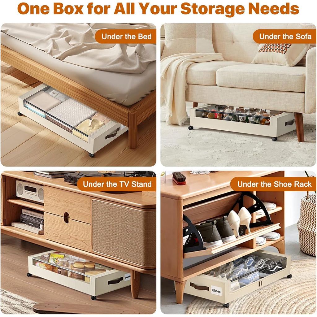 White 4 Pack 60L Under Bed Storage Bins with Wheels and Clear Lids C558