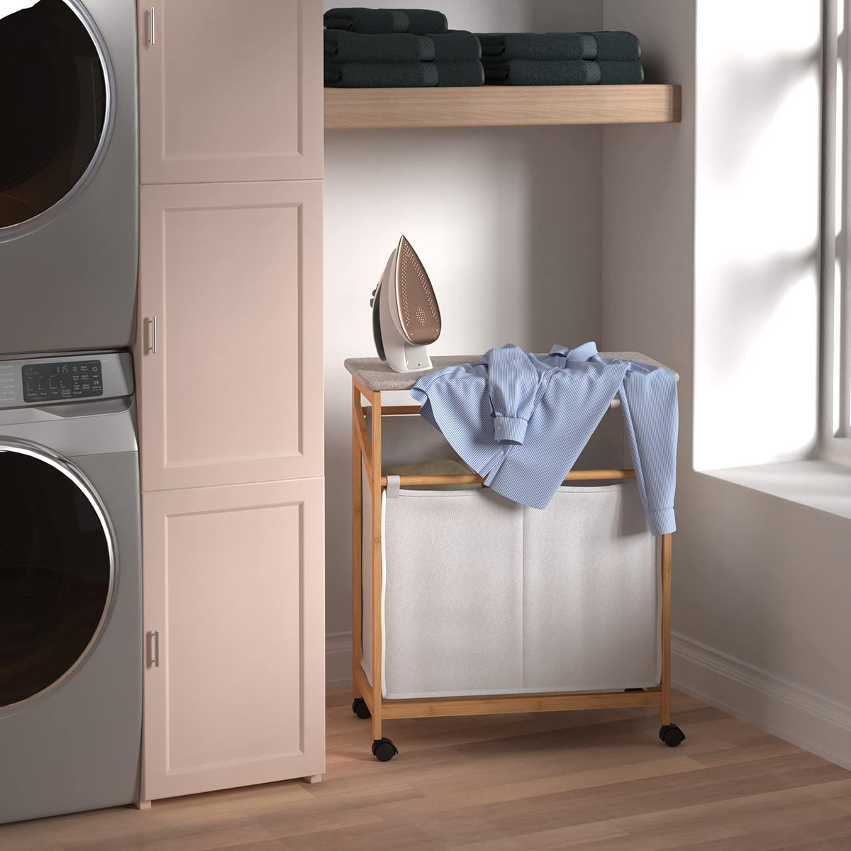 Bamboo Laundry Hamper Cart with Ironing Board Folding Station, Dual Compartments with Divider, Natural Finish Z53499