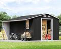 10.6x10.3x6.3 FT Outdoor Storage Shed with Sliding Doors & Two 4-Pane Windows, Dark Grey/White E257