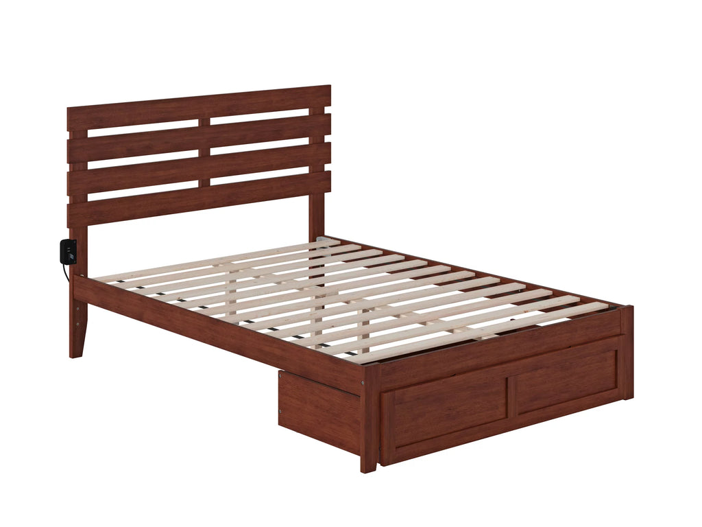 Solid Wood Full Bed with Foot Drawer and USB Charger in Walnut V9744