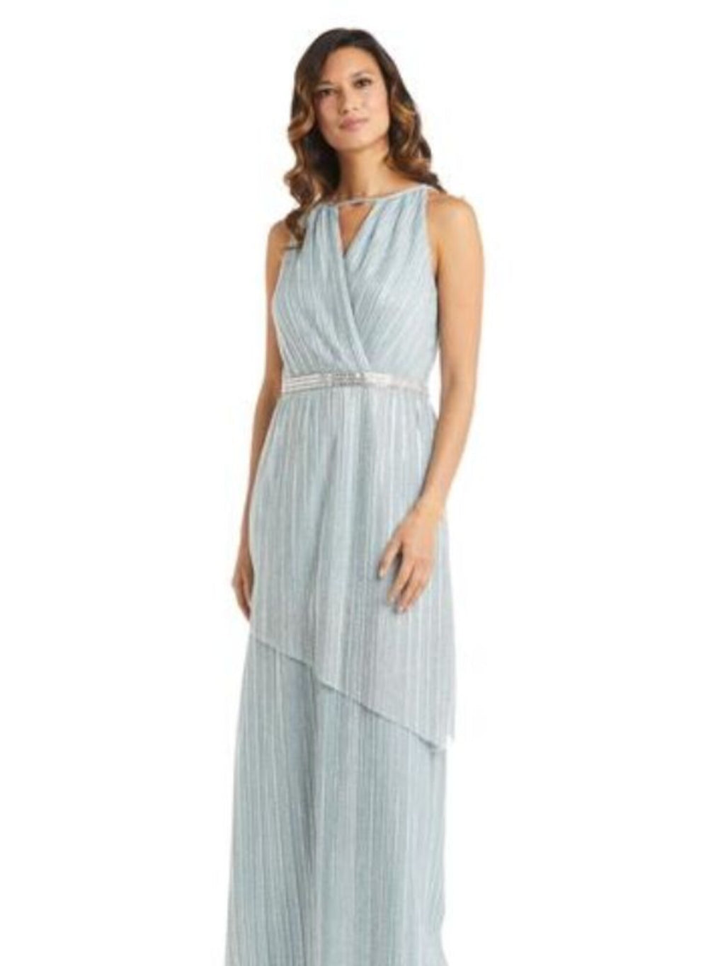 Turquoise Stretch Metallic Zippered Embellished Asymmetrical Overlay Sleeveless Keyhole Full-Length Formal Gown Dress I159661