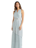 Turquoise Stretch Metallic Zippered Embellished Asymmetrical Overlay Sleeveless Keyhole Full-Length Formal Gown Dress I159661