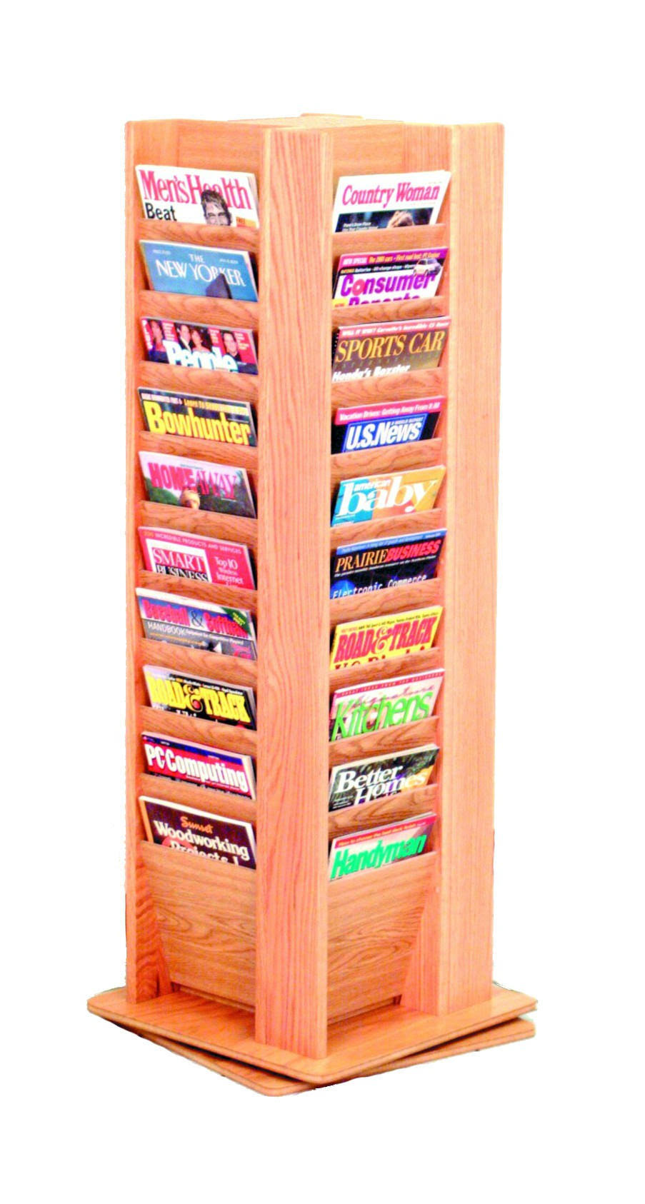 Wooden Spinning Floor Display with 40 Magazine Pockets, Light Oak B7394