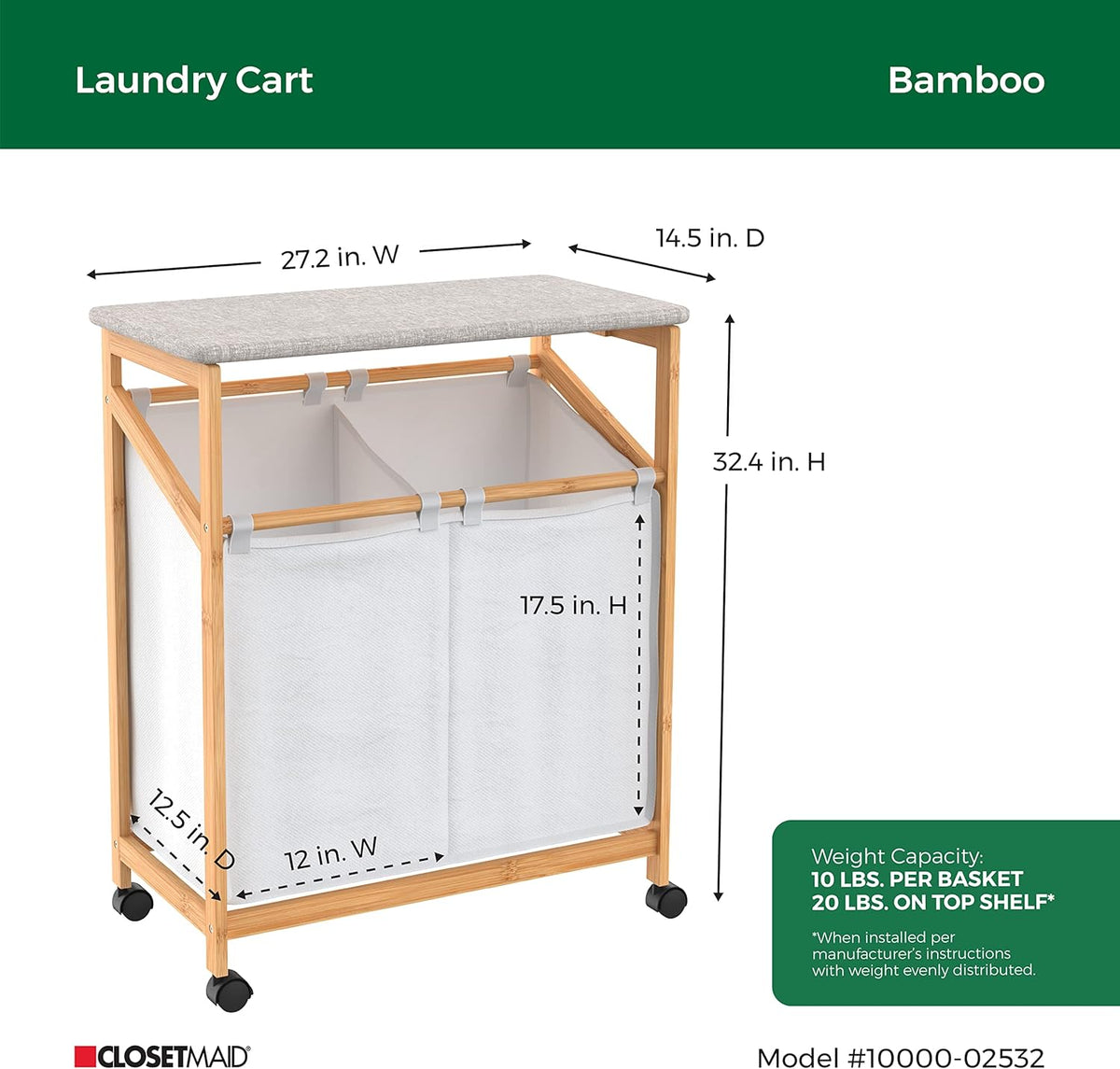 Bamboo Laundry Hamper Cart with Ironing Board Folding Station, Dual Compartments with Divider, Natural Finish Z53499