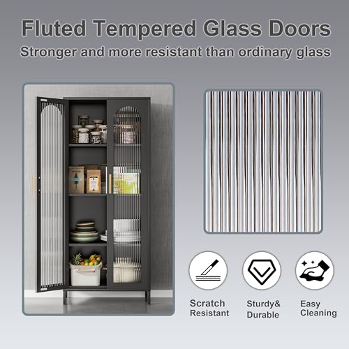 Black 65" Metal Storage Cabinet with Glass Doors and 3 Adjustable Shelves E513265