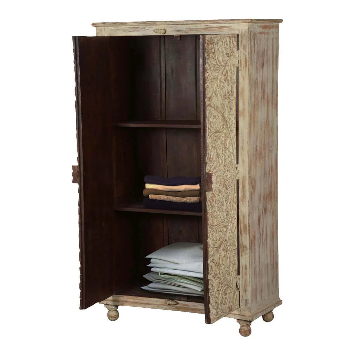 Solid Wood Distressed White Armoire with Shelves L182