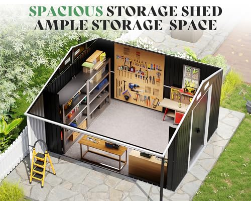 10.6x10.3x6.3 FT Outdoor Storage Shed with Sliding Doors & Two 4-Pane Windows, Dark Grey/White E257