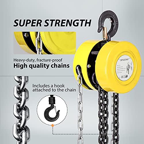 Black Hand Chain Hoist 1 Ton 2200 Lbs Capacity 10 Feet with 2 Heavy Duty Hooks V25527
