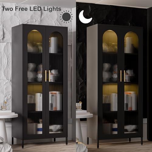 Black 65" Metal Storage Cabinet with Glass Doors and 3 Adjustable Shelves E513265