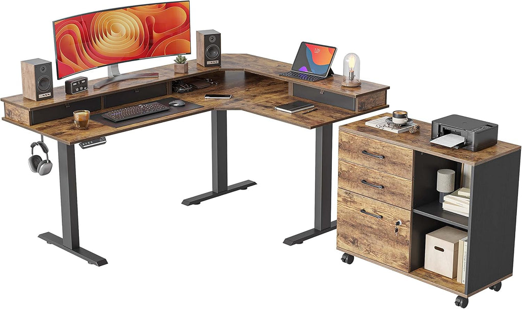 Triple Motor L-Shaped Electric Standing Desk with 3 Drawers, 63 x 24 Inches Rustic Brown Top/Black Frame E66802