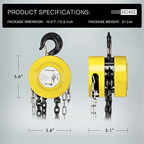 Black Hand Chain Hoist 1 Ton 2200 Lbs Capacity 10 Feet with 2 Heavy Duty Hooks V25527