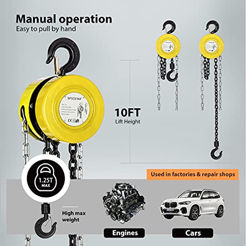 Black Hand Chain Hoist 1 Ton 2200 Lbs Capacity 10 Feet with 2 Heavy Duty Hooks V25527