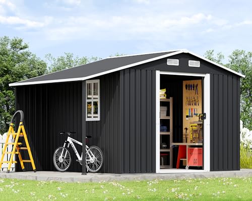 10.6x10.3x6.3 FT Outdoor Storage Shed with Sliding Doors & Two 4-Pane Windows, Dark Grey/White E257