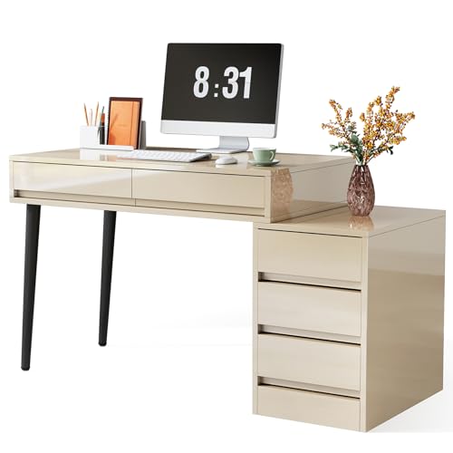 Beige Glossy Desk with 5 Drawers P271370