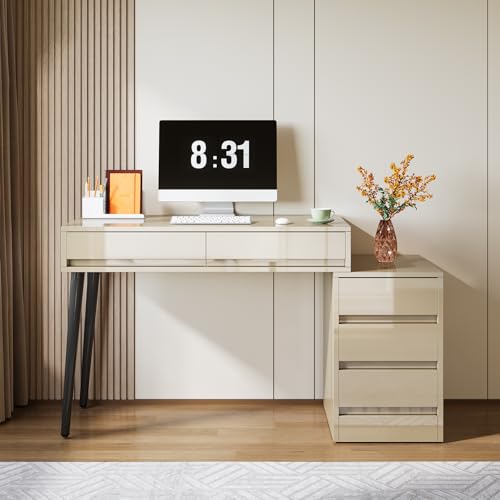 Beige Glossy Desk with 5 Drawers P271370