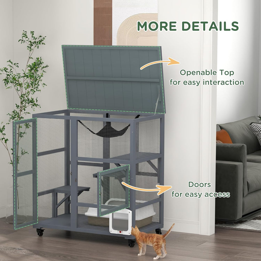 Grey Large Wooden Cat Enclosure with Roof W8379