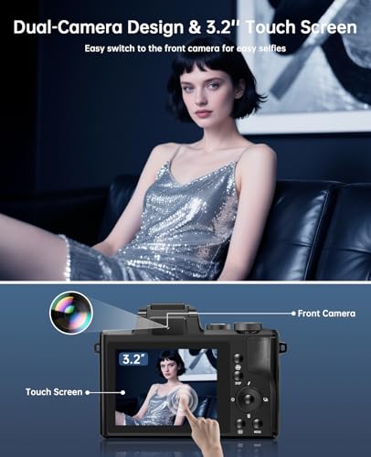 88MP WiFi Digital Camera with Dual-Lens, 16X Digital Zoom, Touch Screen, 2 Batteries, 32GB TF Card D204531