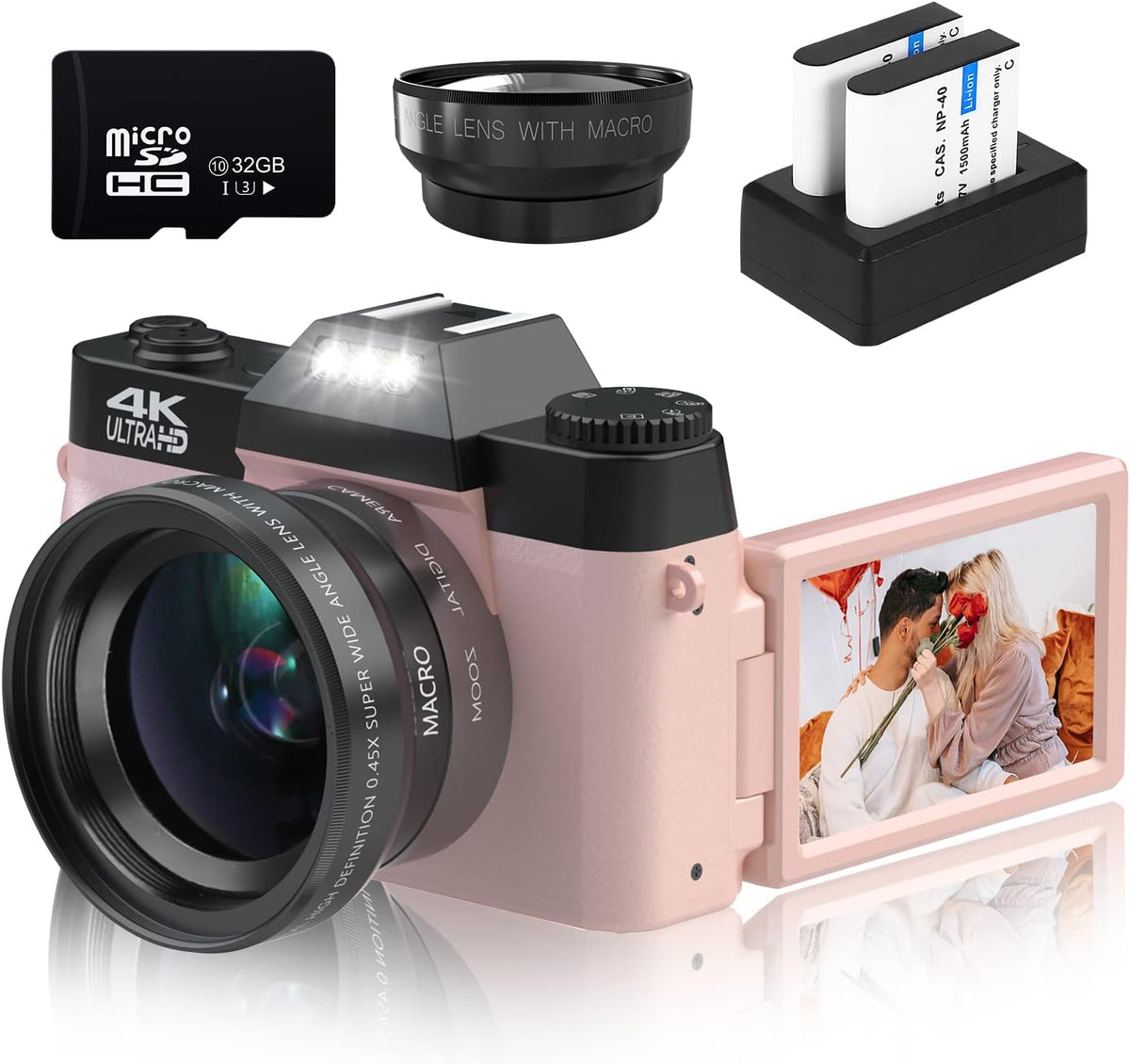 4K Digital Camera 48MP 16X Zoom Flip Screen Autofocus Camcorder Pink B7484