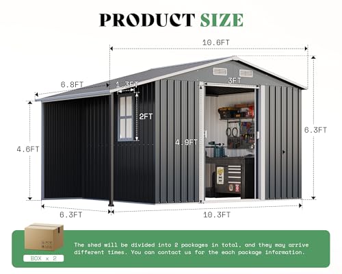 10.6x10.3x6.3 FT Outdoor Storage Shed with Sliding Doors & Two 4-Pane Windows, Dark Grey/White E257