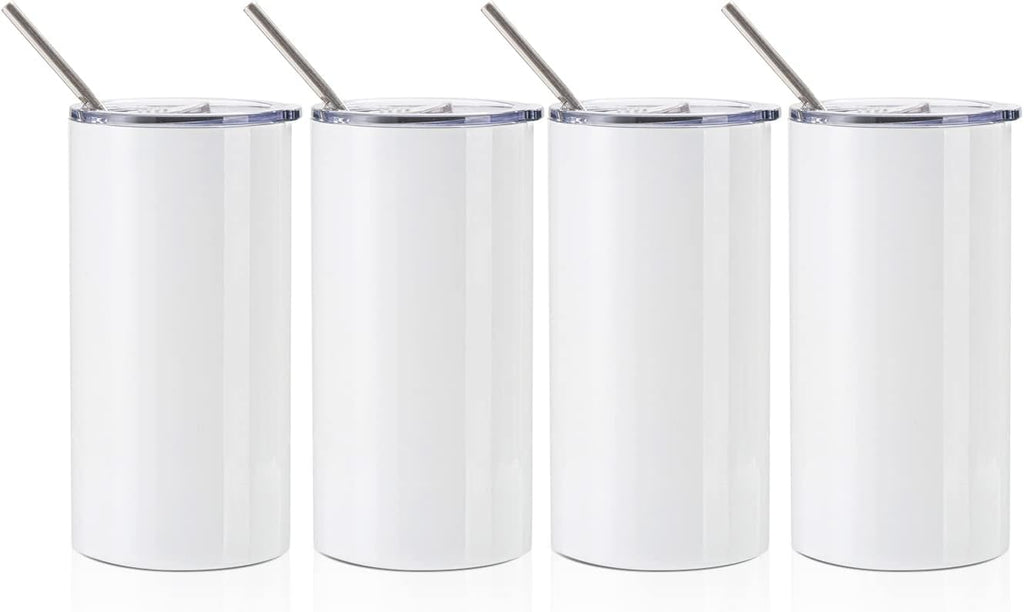 20 OZ White Stainless Steel Tumbler Cups with Lid and Metal Straw 4 Pack Z76983