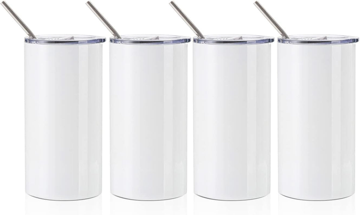 20 OZ White Stainless Steel Tumbler Cups with Lid and Metal Straw 4 Pack Z76983
