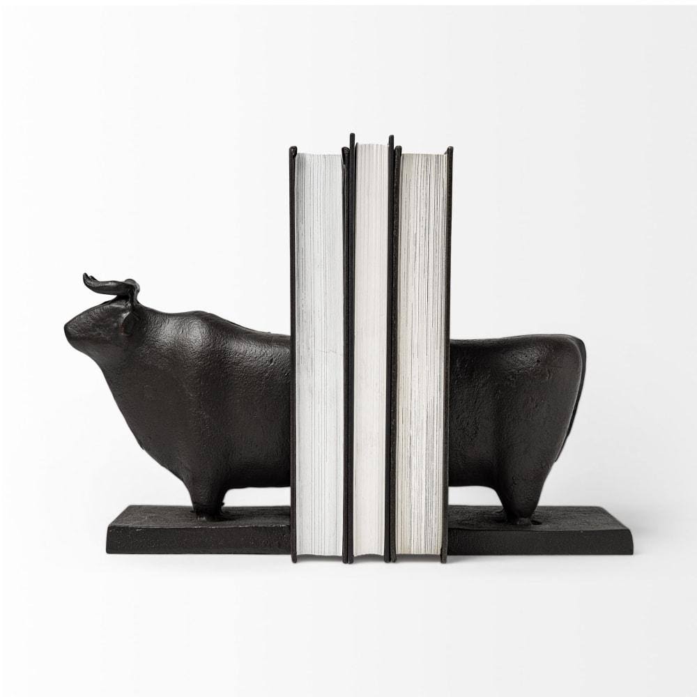 Black Cast Aluminum Bull Bookends Set of 2 D34466